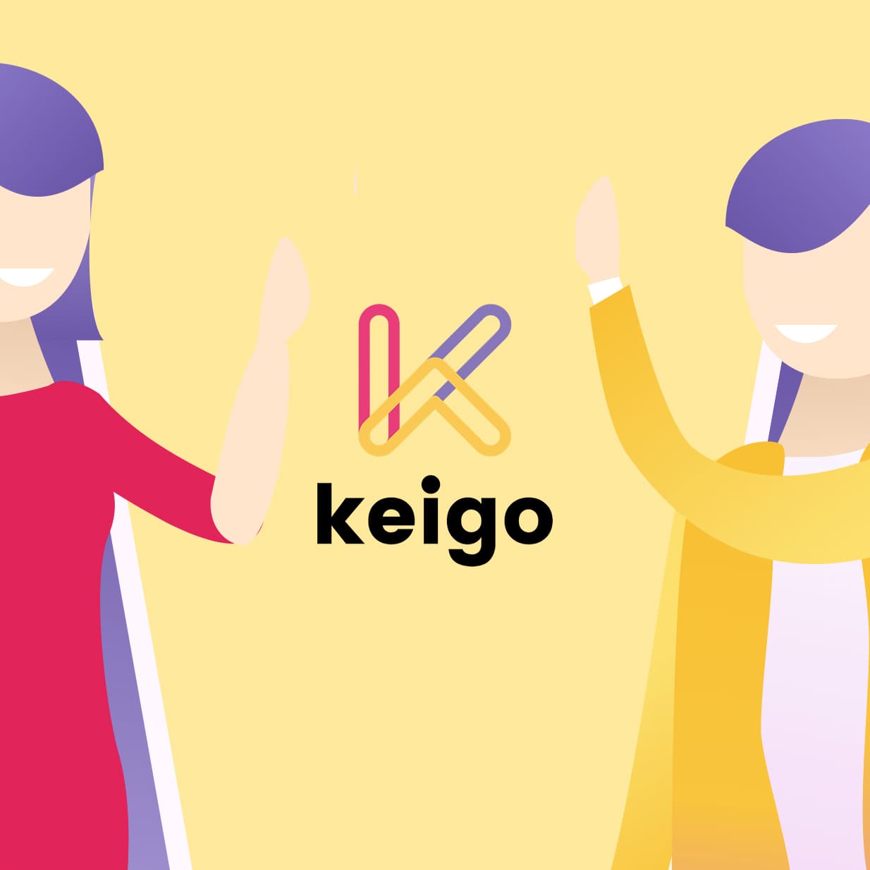 Two illustrated figures waving beside the Keigo logo on a yellow background