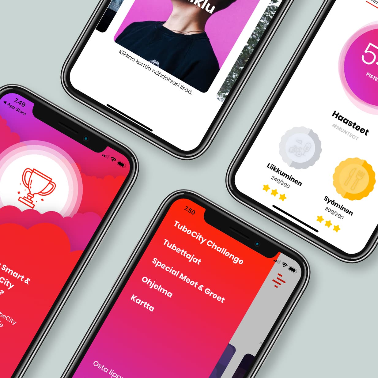 Phones showing TubeCity app screens: challenges, programme and creator profiles