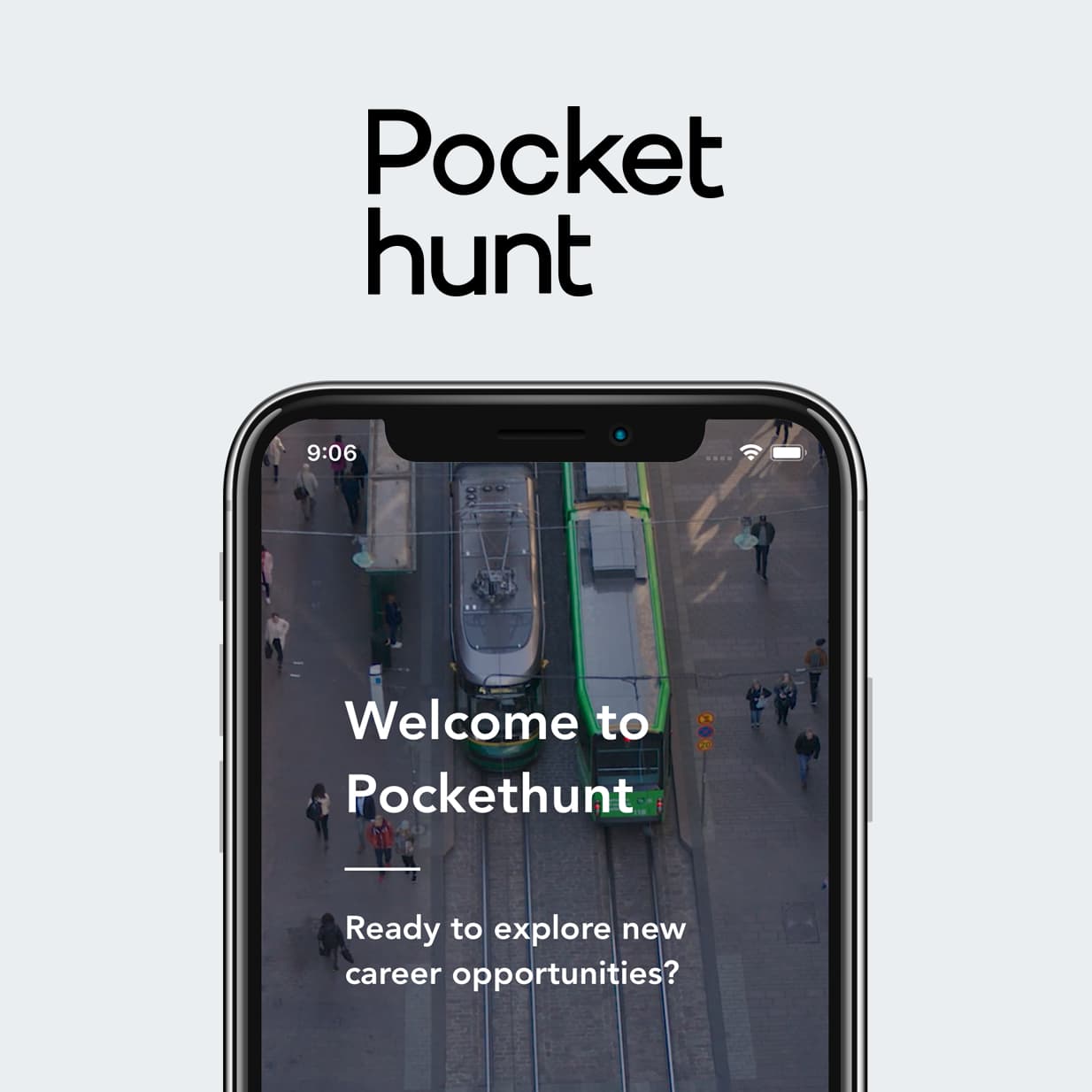 The Pockethunt app welcome screen on a phone, over an aerial photo of a tram
